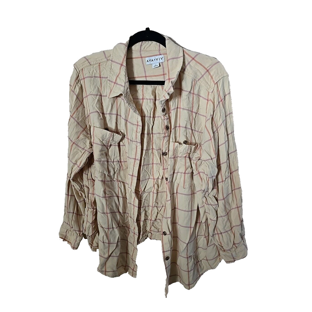 Ava & Viv‎ Yellow Check Pockets Long Sleeve Button Down Shirt Womans Size 2x